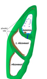 Schématický plán hradiště s vyznačenou akropolí a oběma předhradími